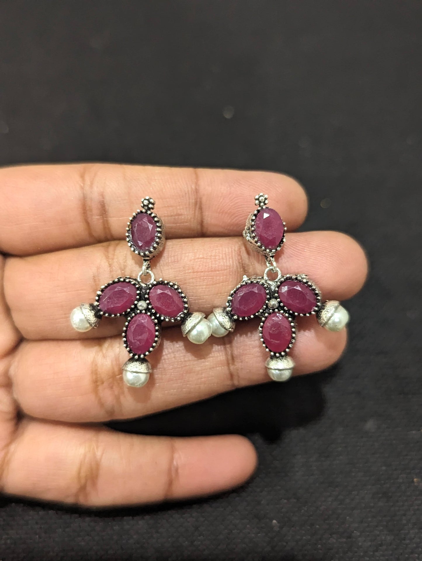 Oxidized Silver Oval Polki stone Long necklace and stud earrings set
