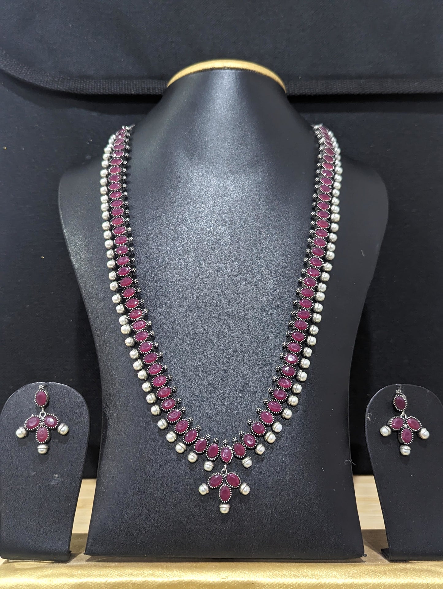 Oxidized Silver Oval Polki stone Long necklace and stud earrings set