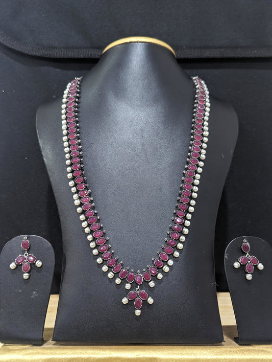 Oxidized Silver Oval Polki stone Long necklace and stud earrings set