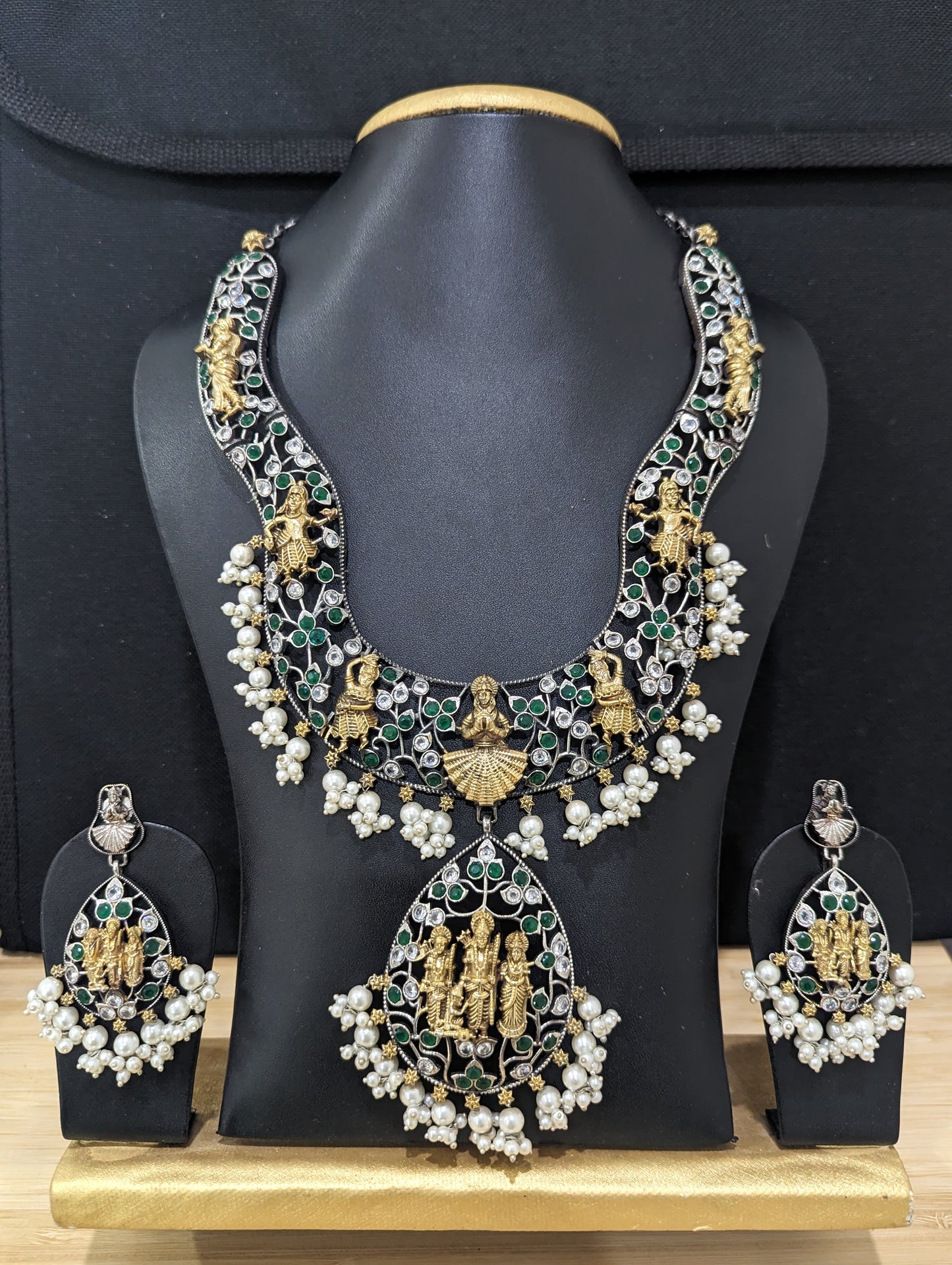 Ram Parivaar design German Silver Long haram and earrings set