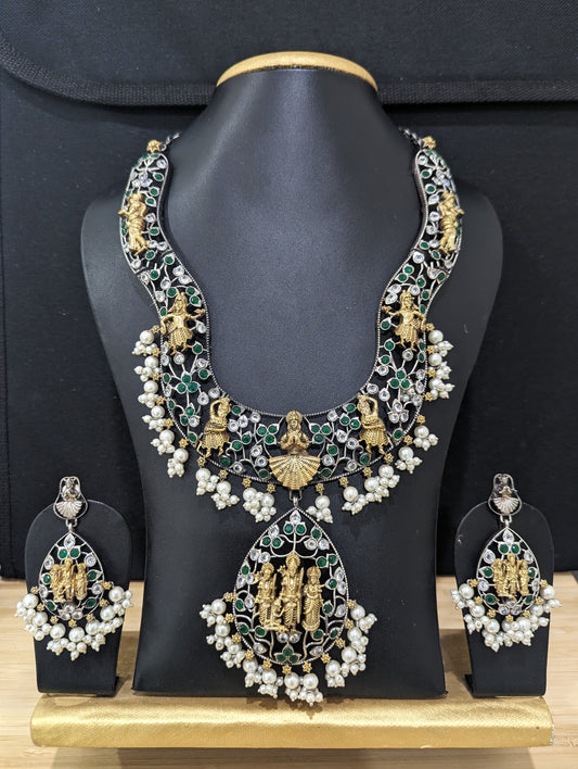 Ram Parivaar design German Silver Long haram and earrings set