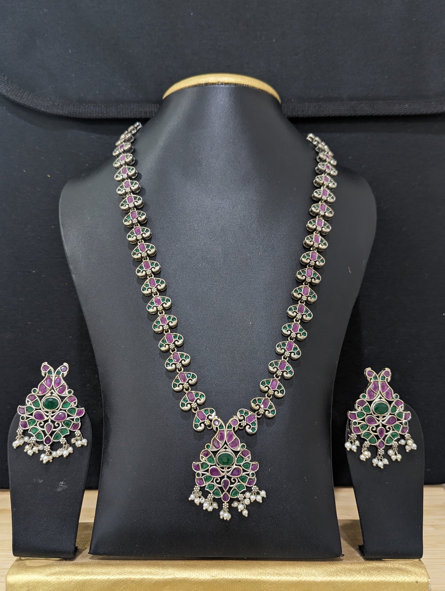 Peacock design CZ stone German Silver Long haram and earrings set