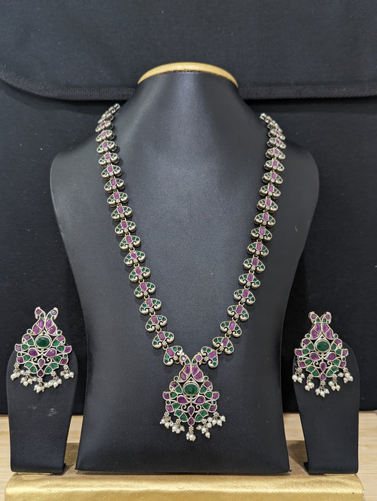 Peacock design CZ stone German Silver Long haram and earrings set