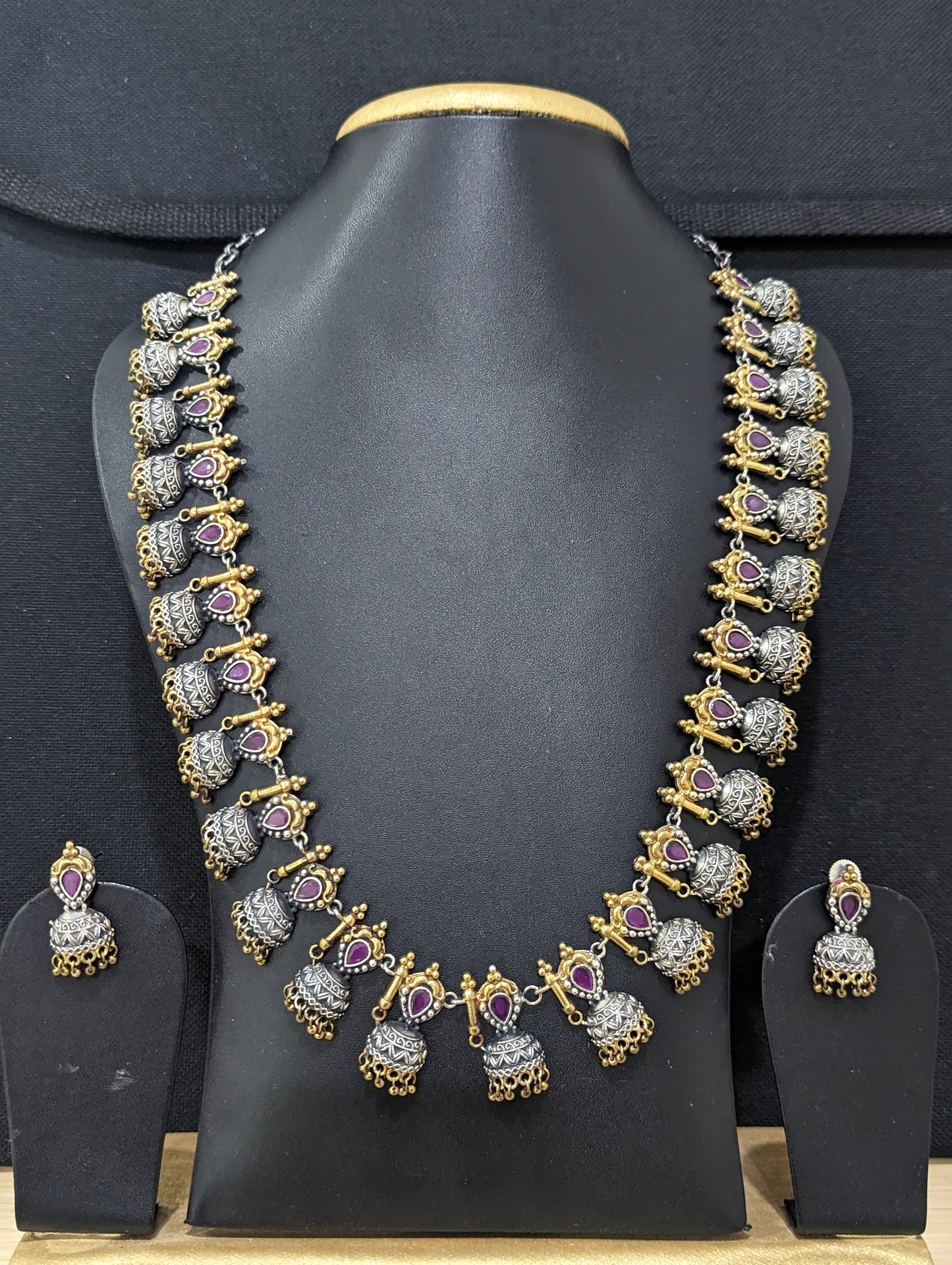 Cut Jhumka CZ stone Dual tone German Silver Long haram and earrings set
