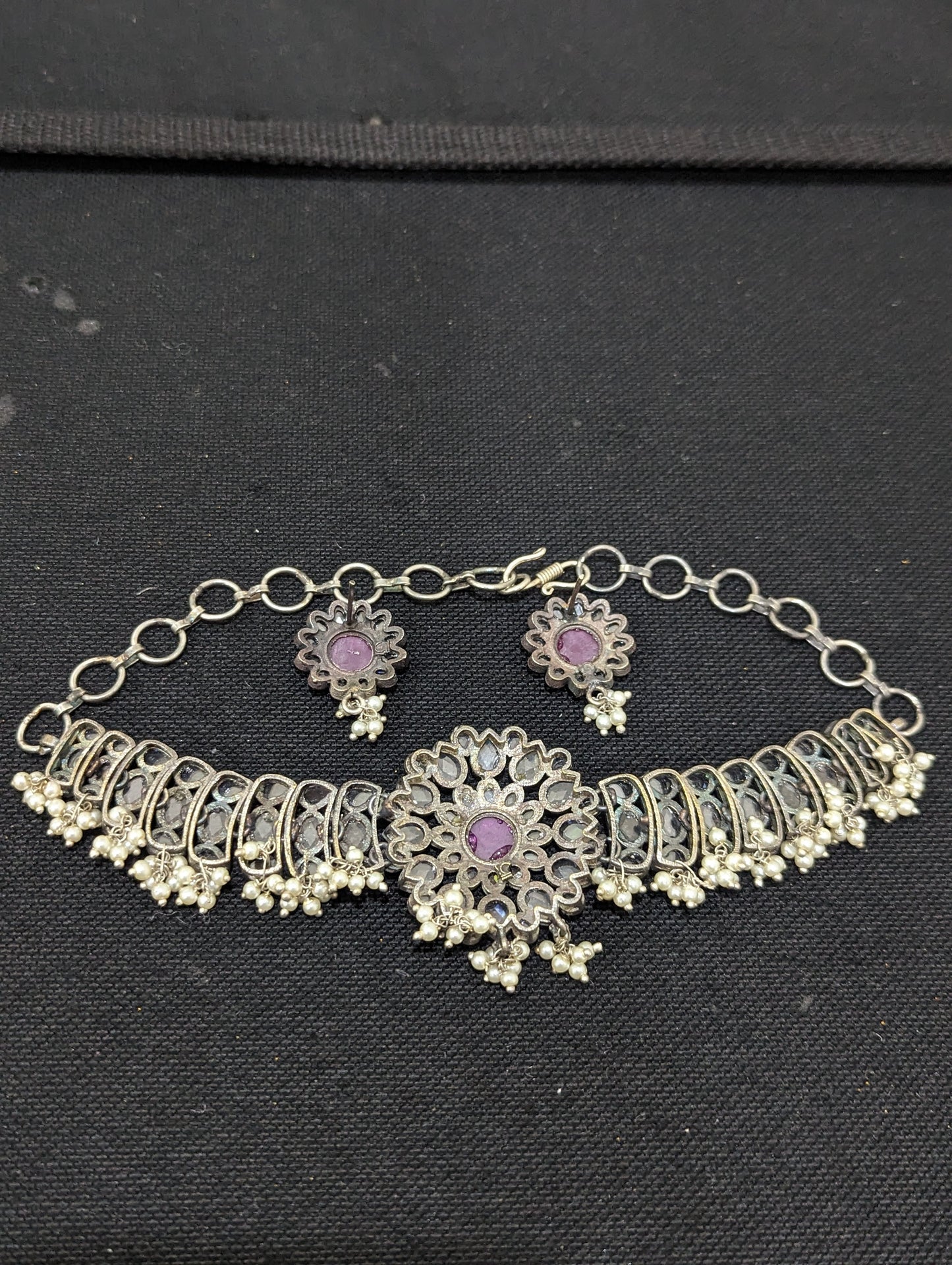 Guttapusalu CZ stone oxidized silver Choker Necklace and Stud Earrings set