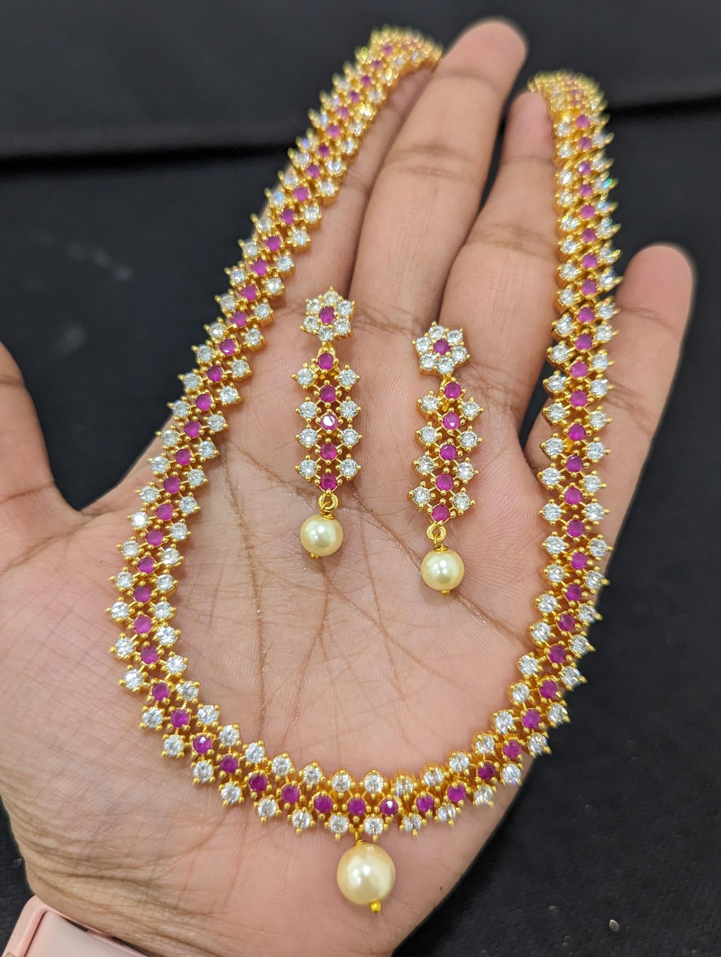 Ruby White One gram gold plated CZ Long Haram Set