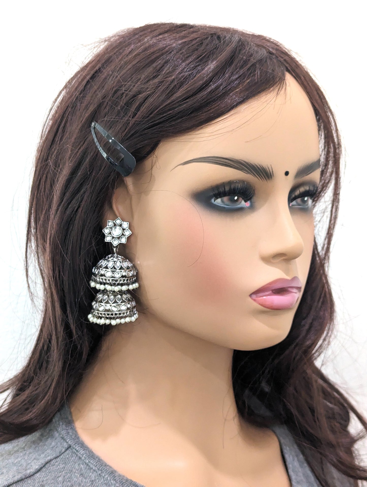 Black plated dual layer jhumka earrings