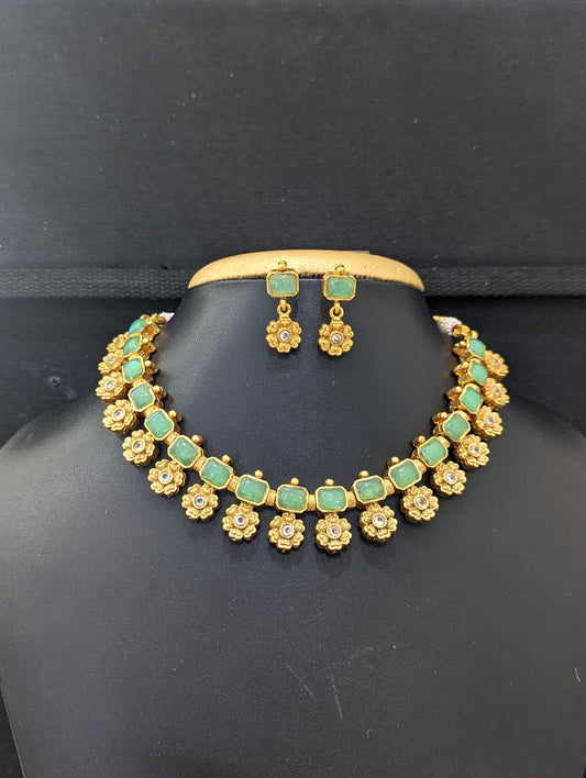 Matte gold Polki Choker Necklace and Earrings set