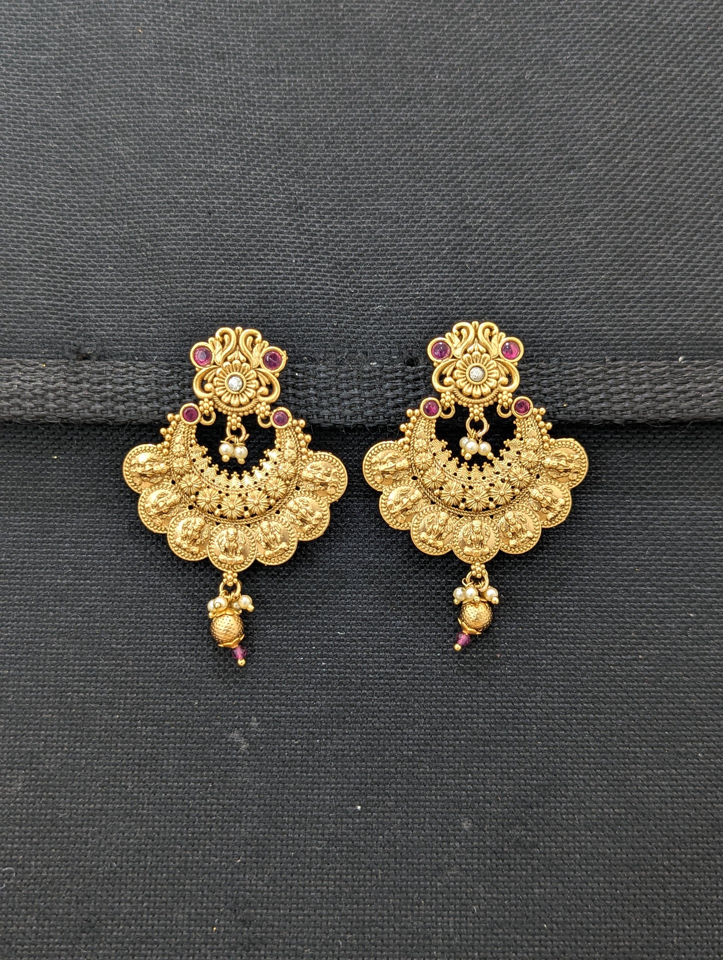 Goddess Lakshmi Yellow matte Gold plated Chandbali Earrings