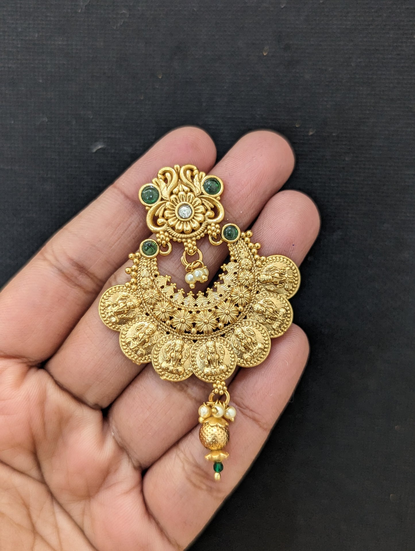 Goddess Lakshmi Yellow matte Gold plated Chandbali Earrings