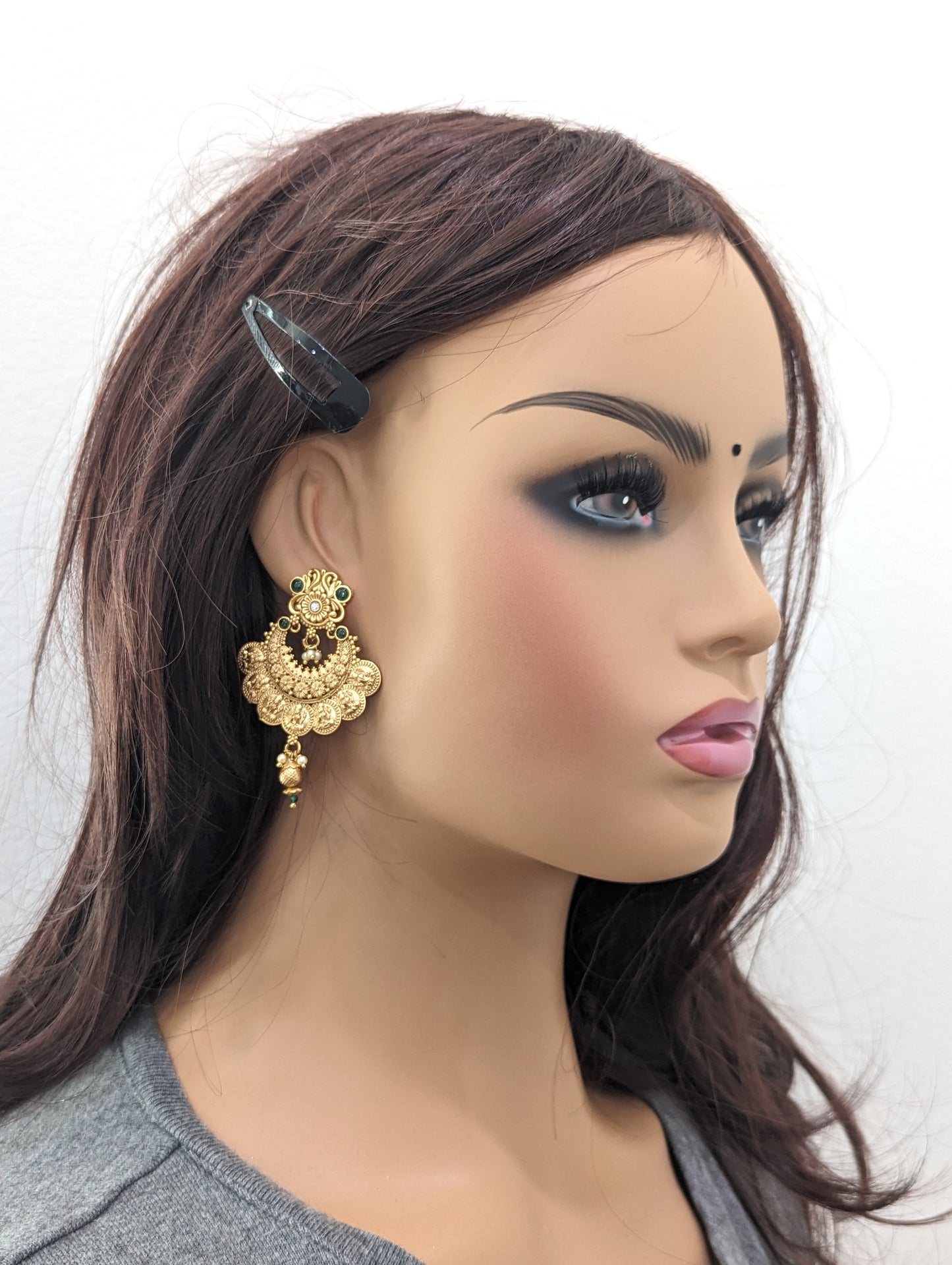 Goddess Lakshmi Yellow matte Gold plated Chandbali Earrings