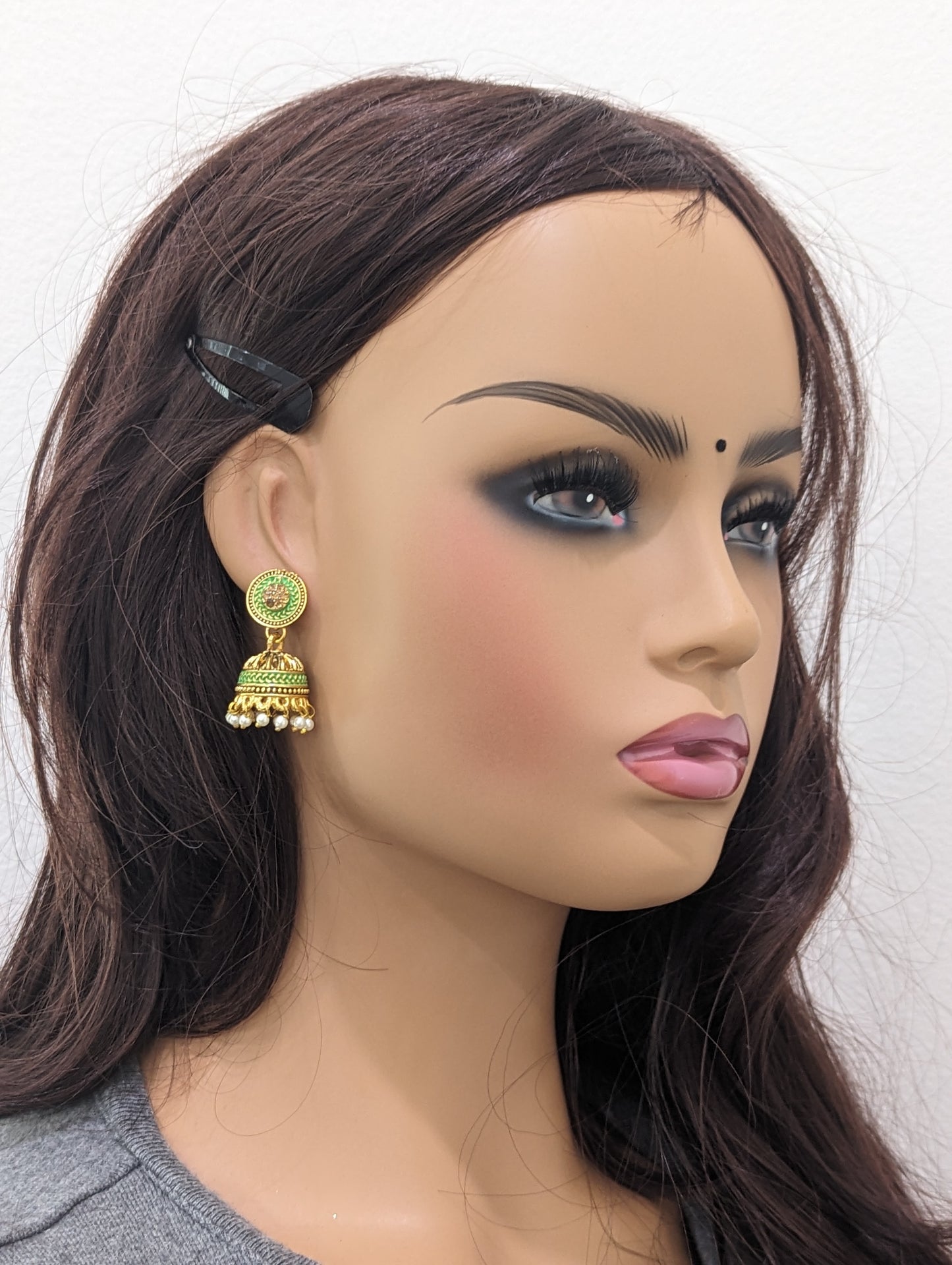 Green matte meenakari Jhumka Earrings