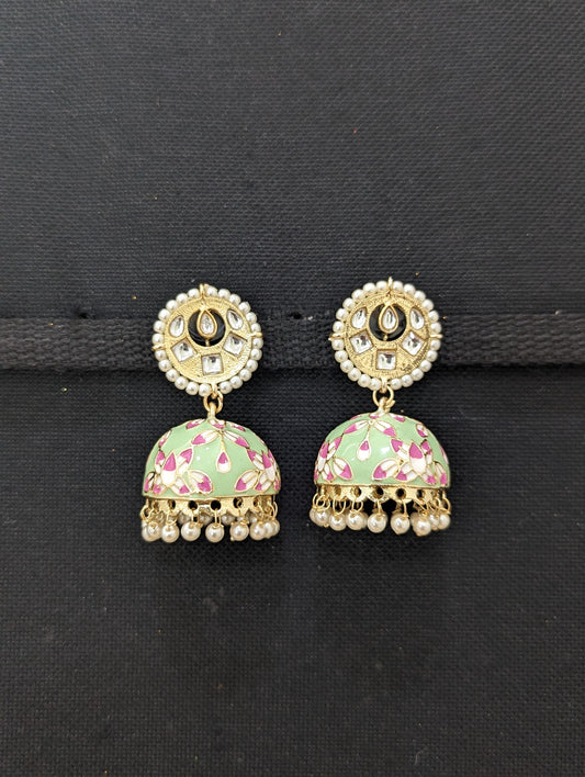 Enamel Kundan stone Jhumka earrings - Simpliful