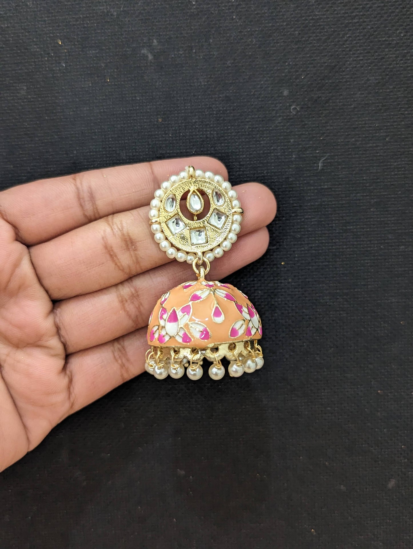 Enamel Kundan stone Jhumka earrings - Simpliful