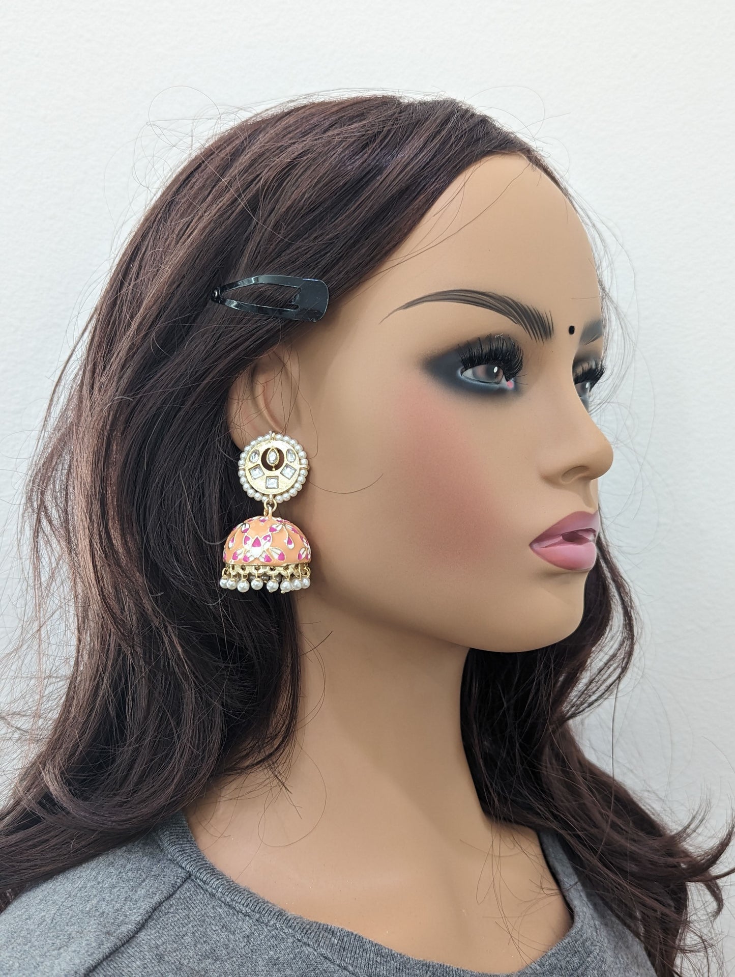 Enamel Kundan stone Jhumka earrings - Simpliful