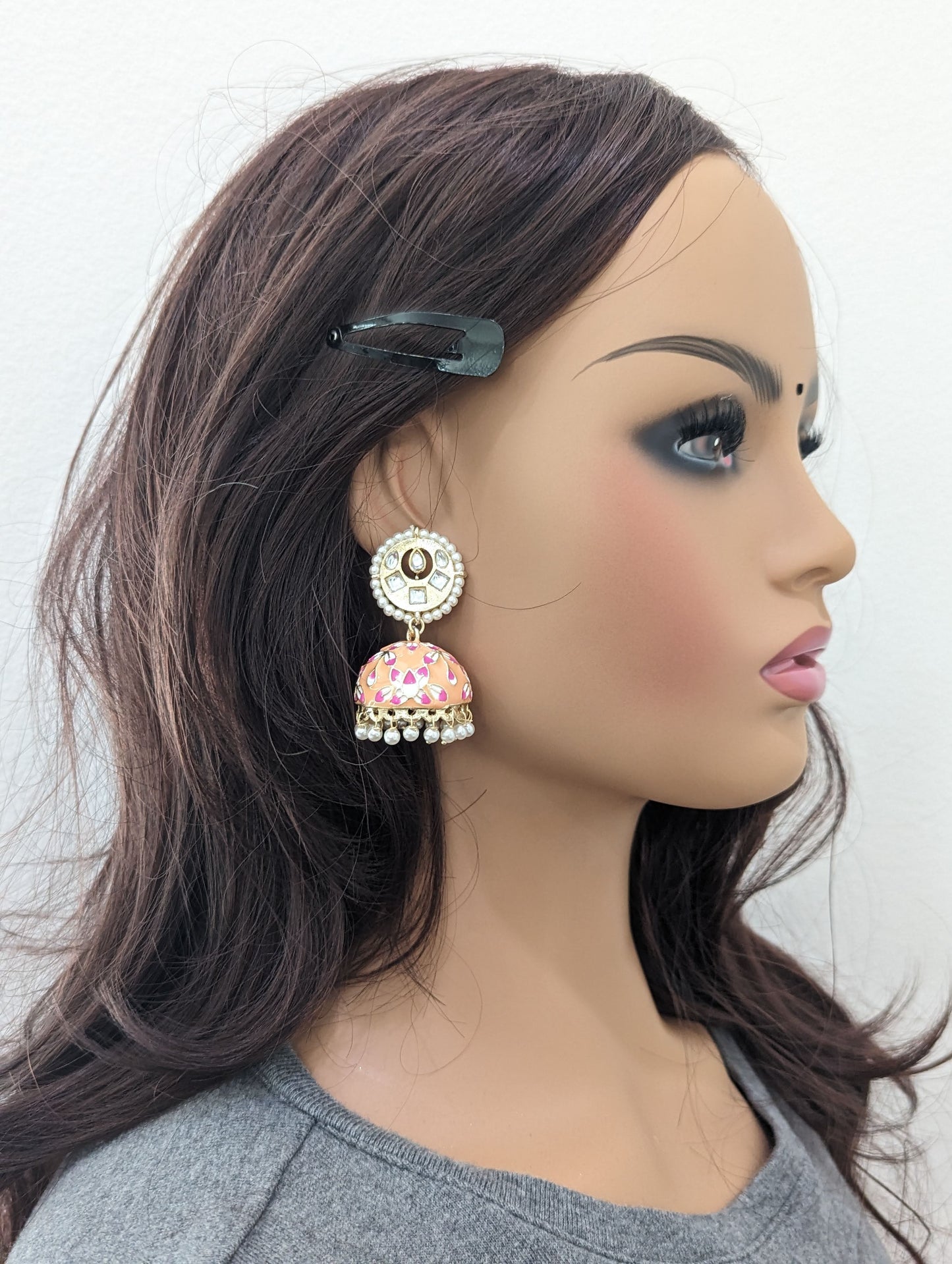 Enamel Kundan stone Jhumka earrings - Simpliful