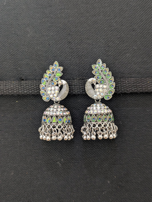 Peacock Antique silver plated jhumka earrings