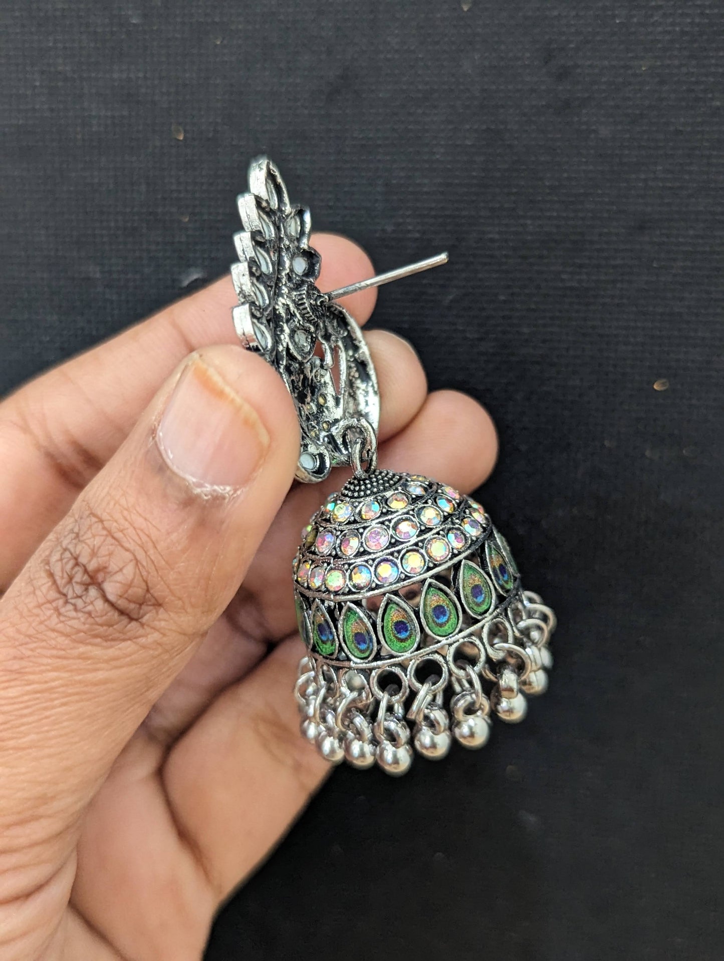 Peacock Antique silver plated jhumka earrings