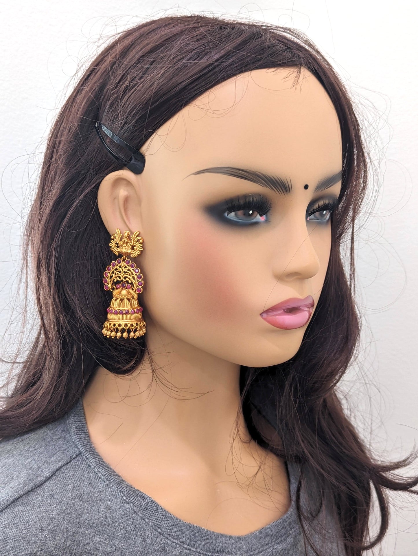Orange gold plated Kemp Jhumka earrings
