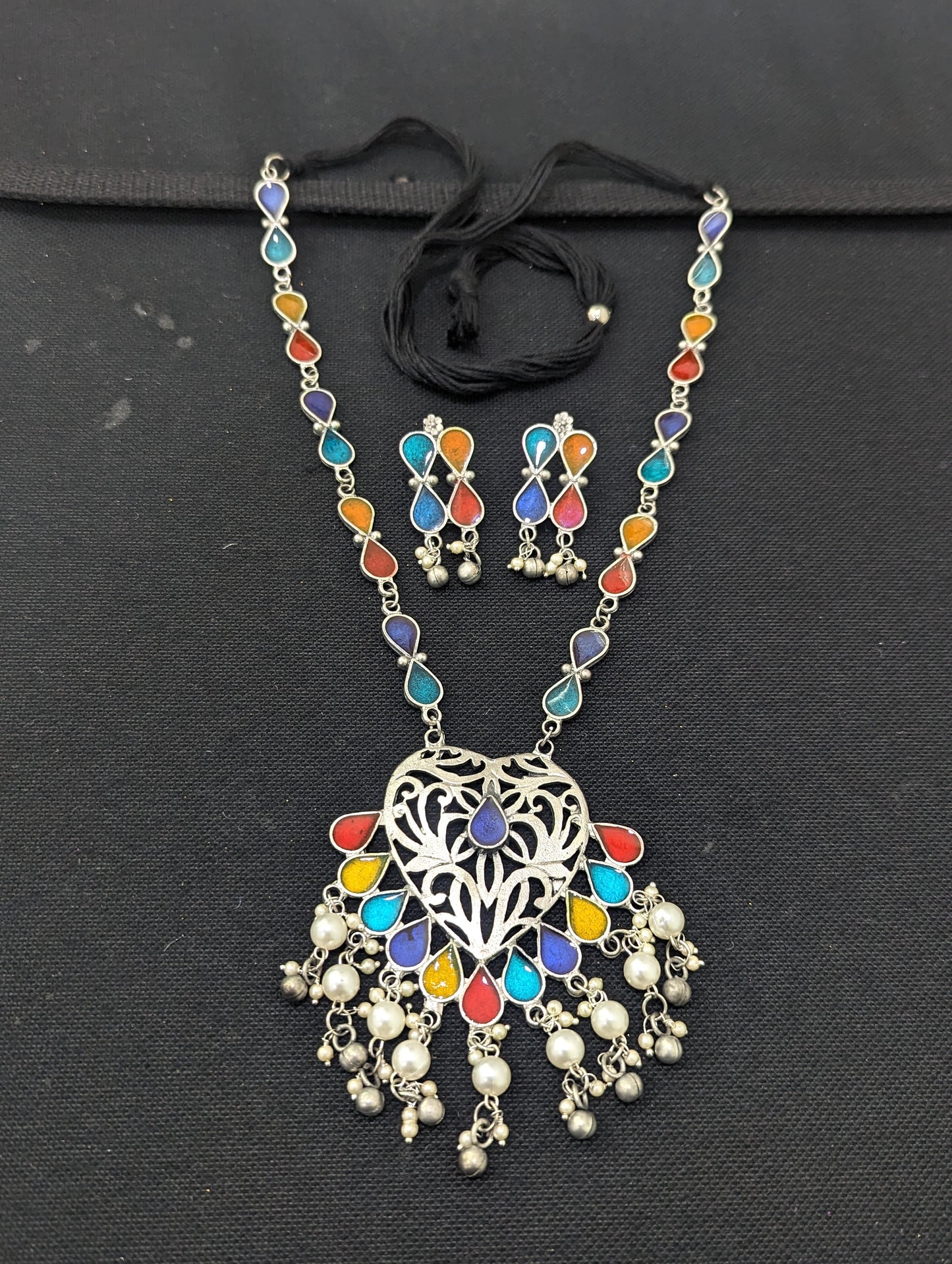 Oxidized Silver Enamel Pendant and Earrings set