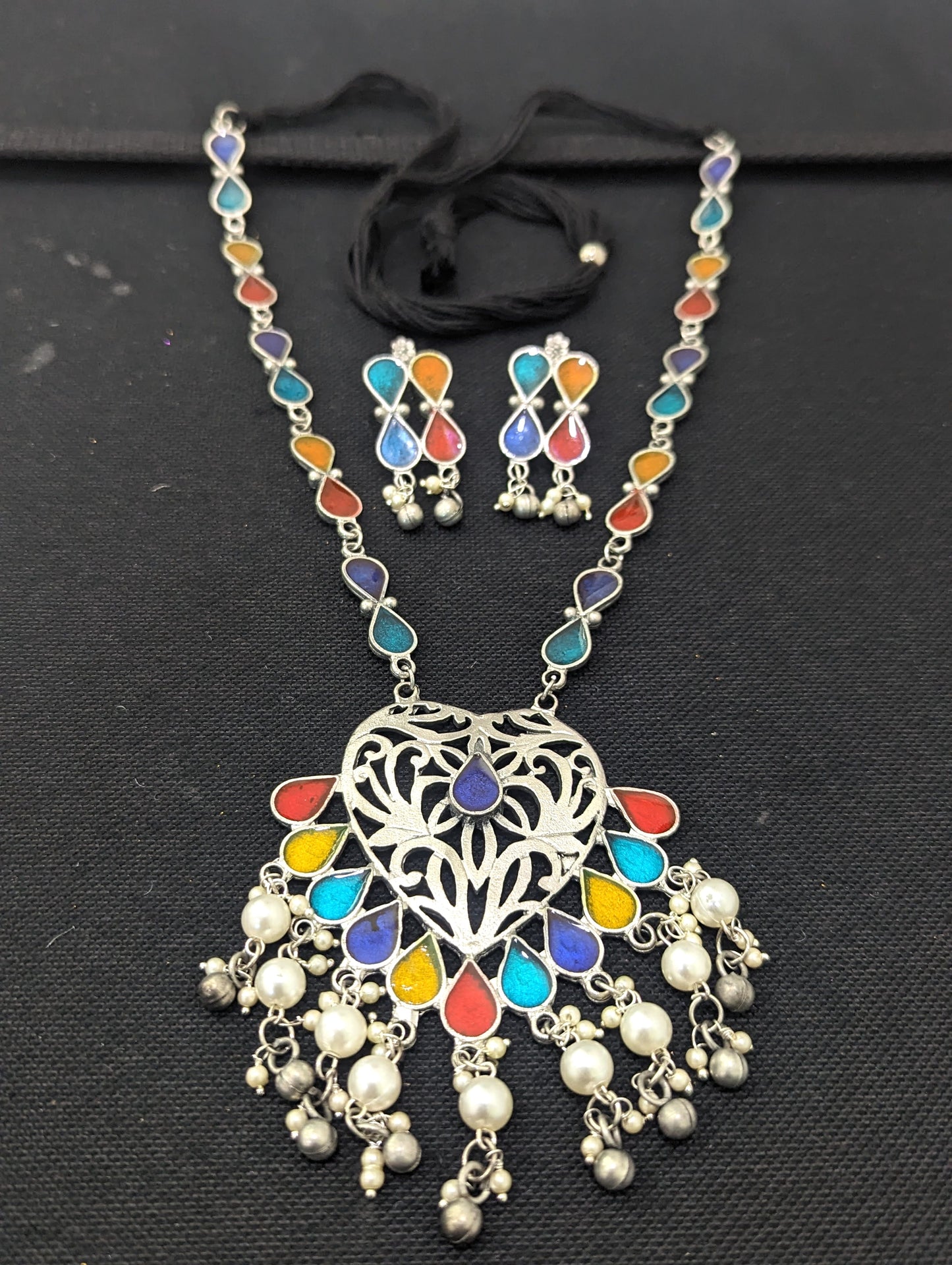 Oxidized Silver Enamel Pendant and Earrings set