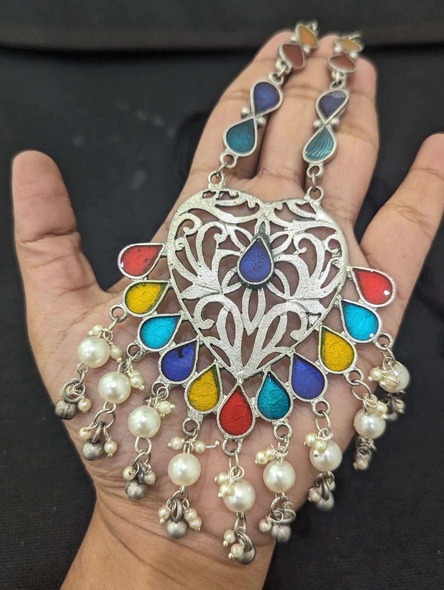 Oxidized Silver Enamel Pendant and Earrings set