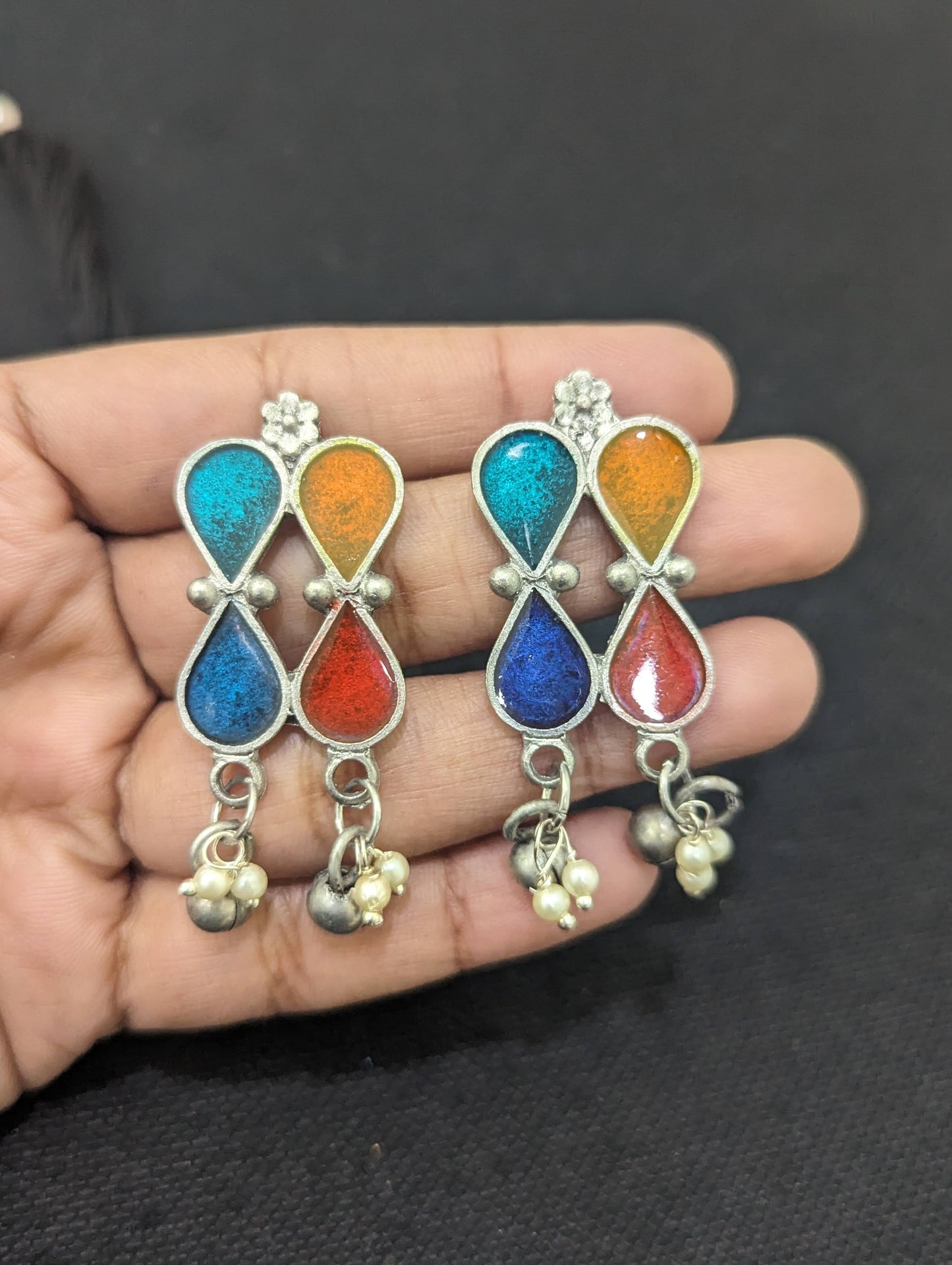 Oxidized Silver Enamel Pendant and Earrings set