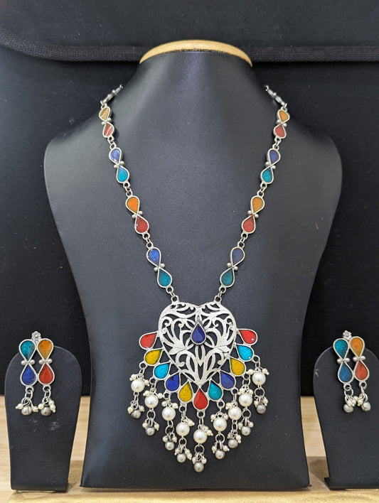 Oxidized Silver Enamel Pendant and Earrings set