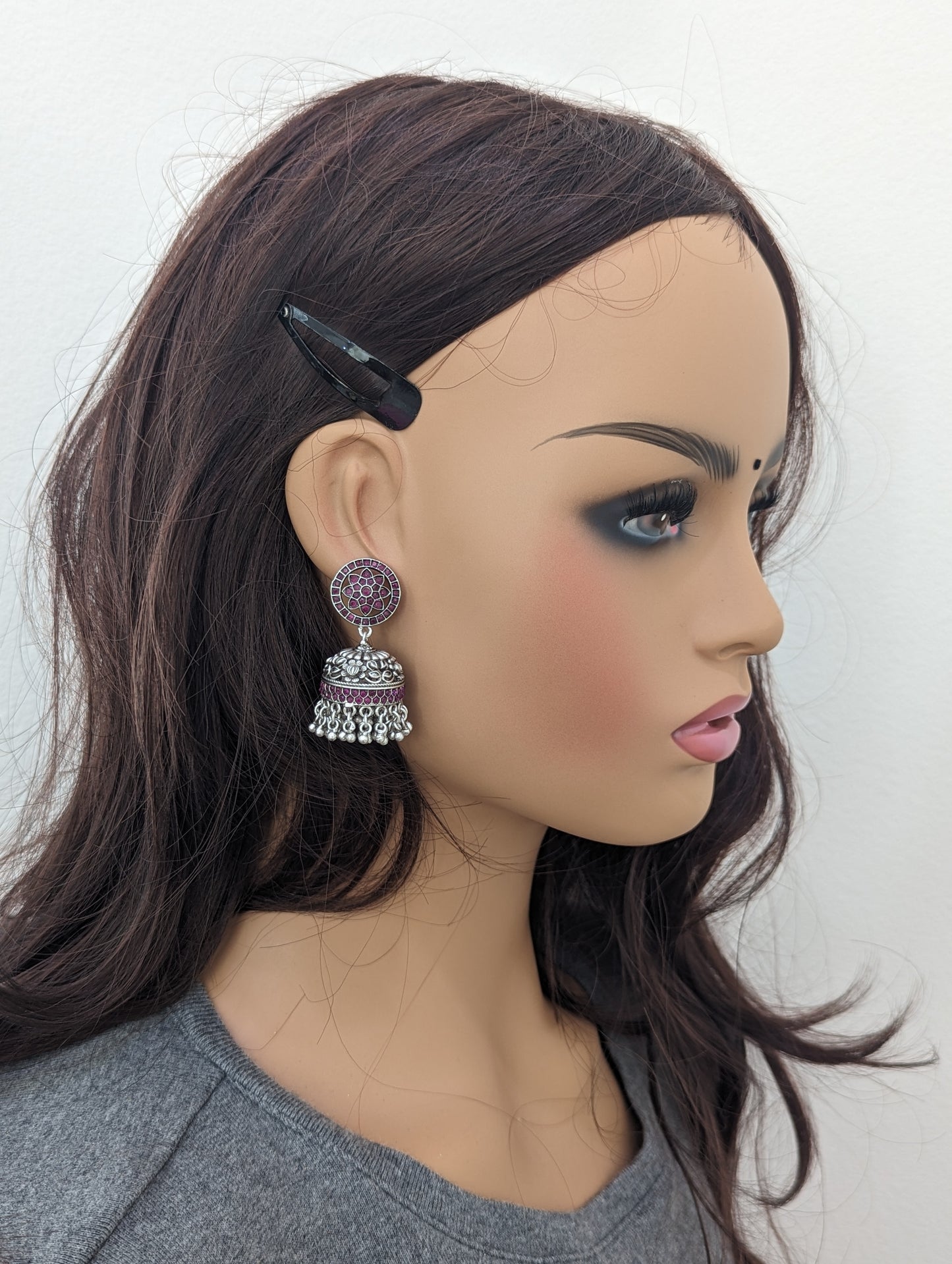 Bright silver plated Pink jhumka earrings