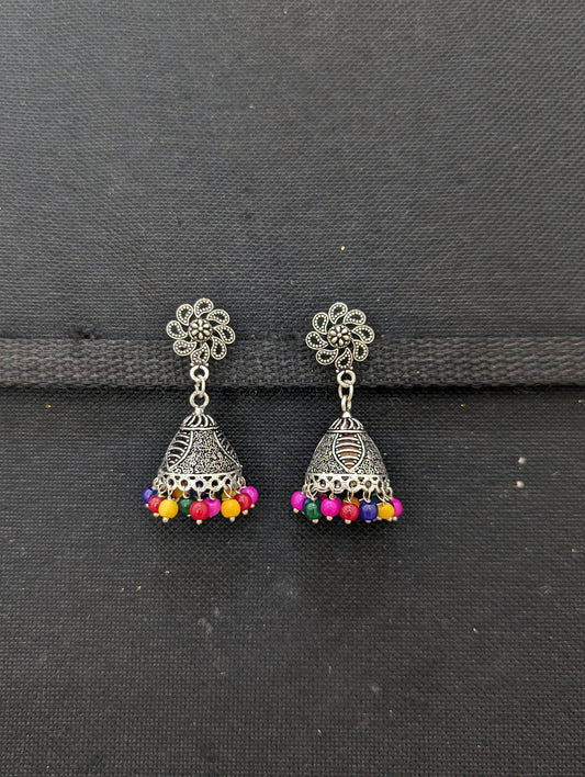 Multi color bead Oxidized Silver Jhumka - D2