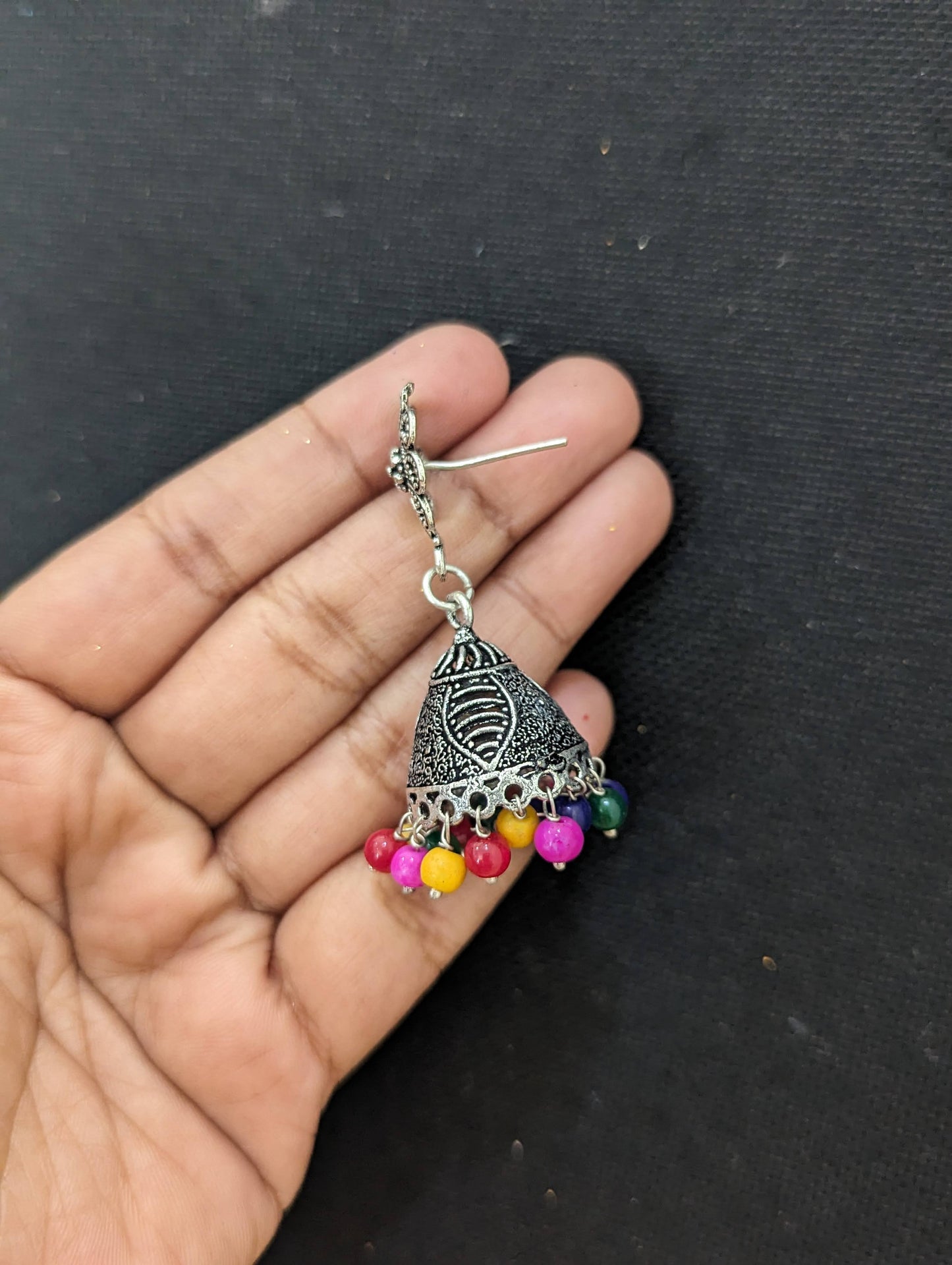 Multi color bead Oxidized Silver Jhumka - D2