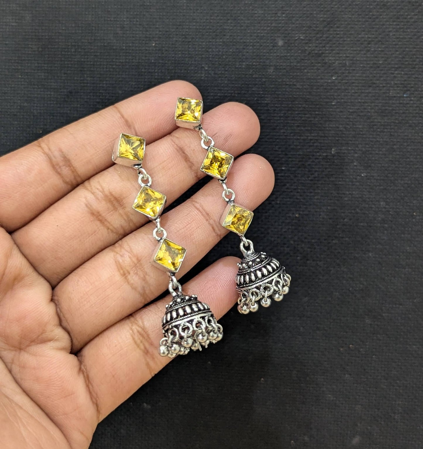 Oxidized Silver Diamond design Jhumka Earrings