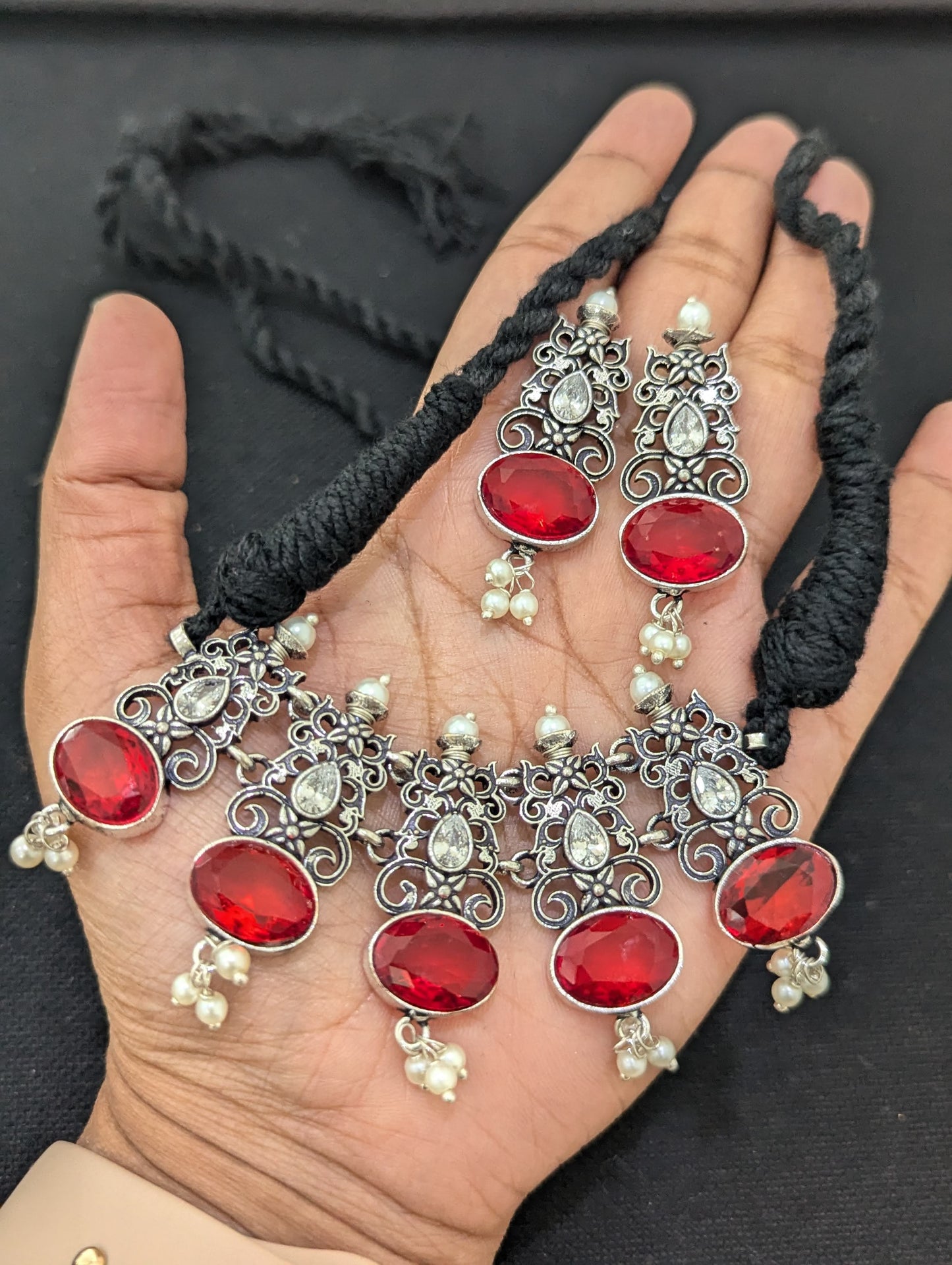 Oxidized Silver Polki Choker Set