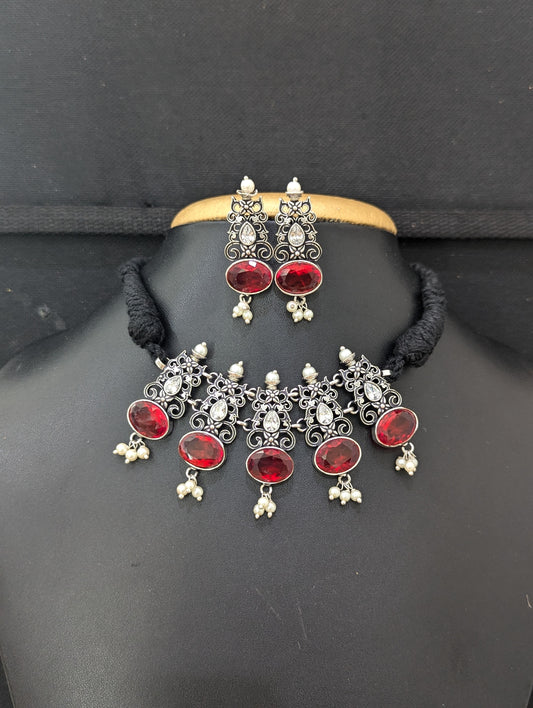 Oxidized Silver Polki Choker Set
