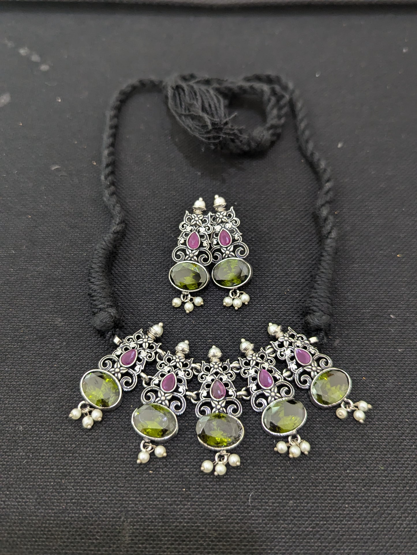 Oxidized Silver Polki Choker Set