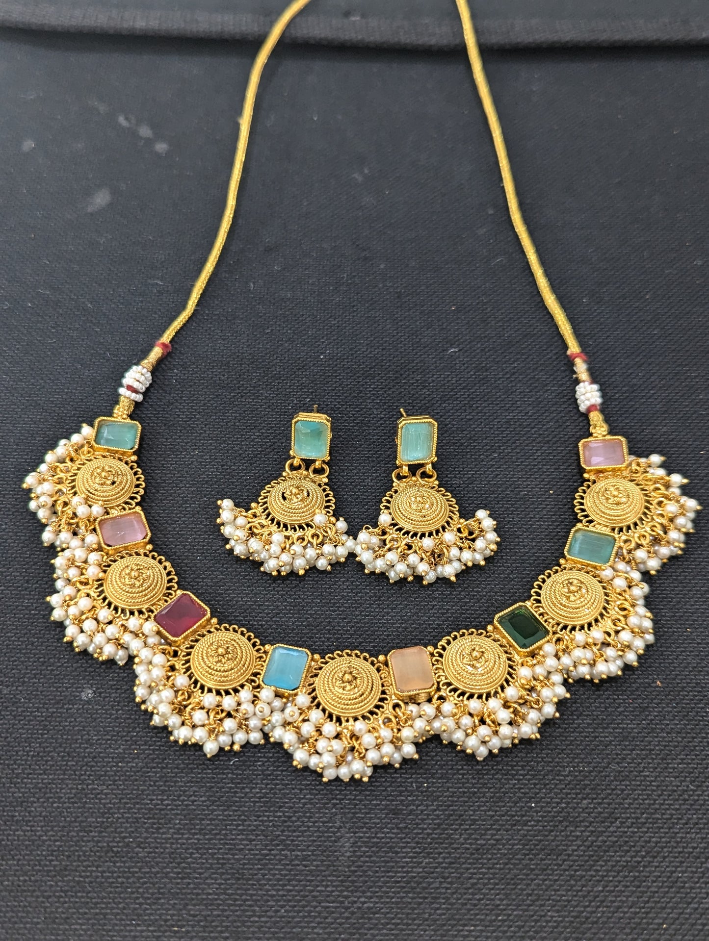 Multi color Polki Guttapusalu Choker Necklace and Earrings set