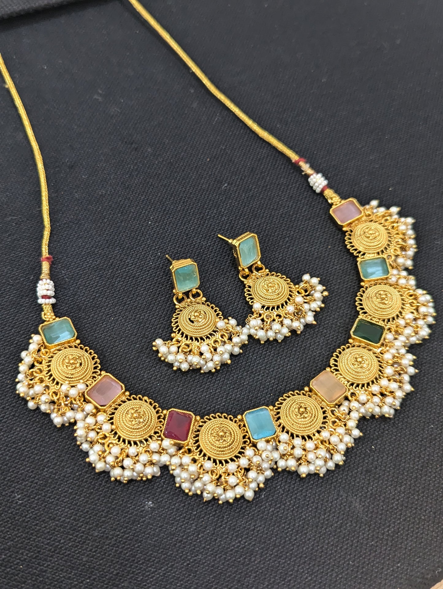 Multi color Polki Guttapusalu Choker Necklace and Earrings set