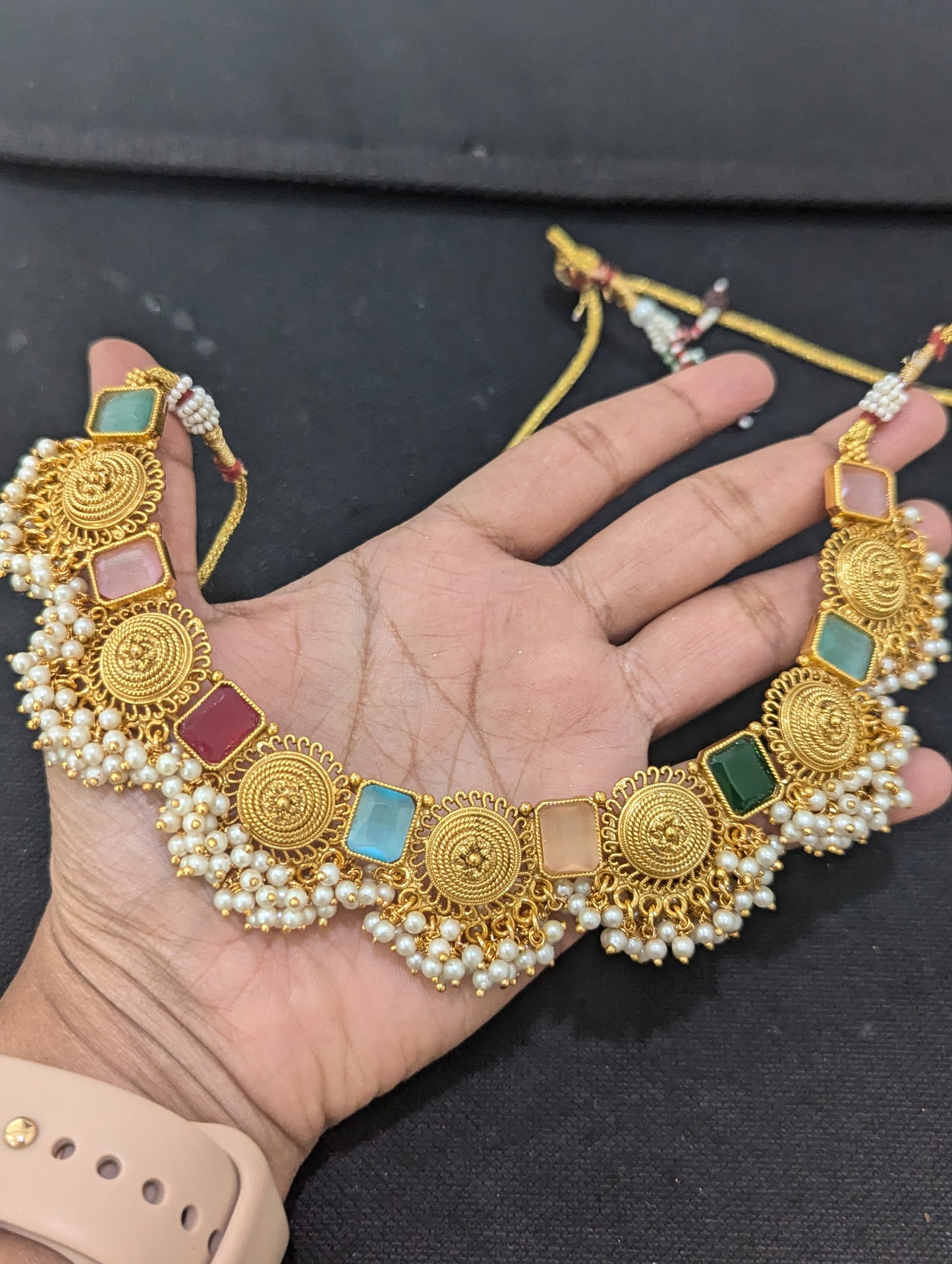Multi color Polki Guttapusalu Choker Necklace and Earrings set