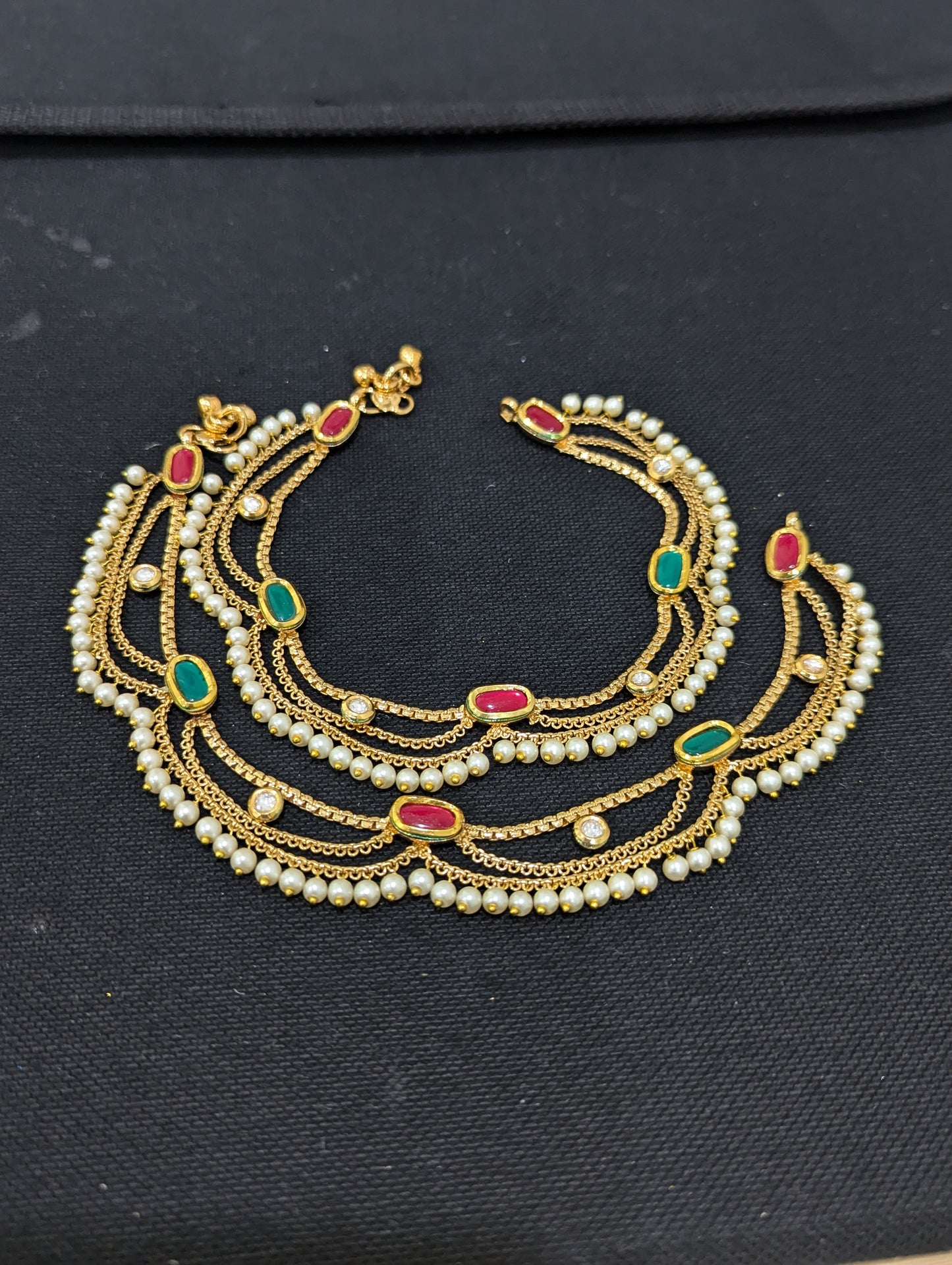 Gold plated 3 layer Kundan Bridal Anklets