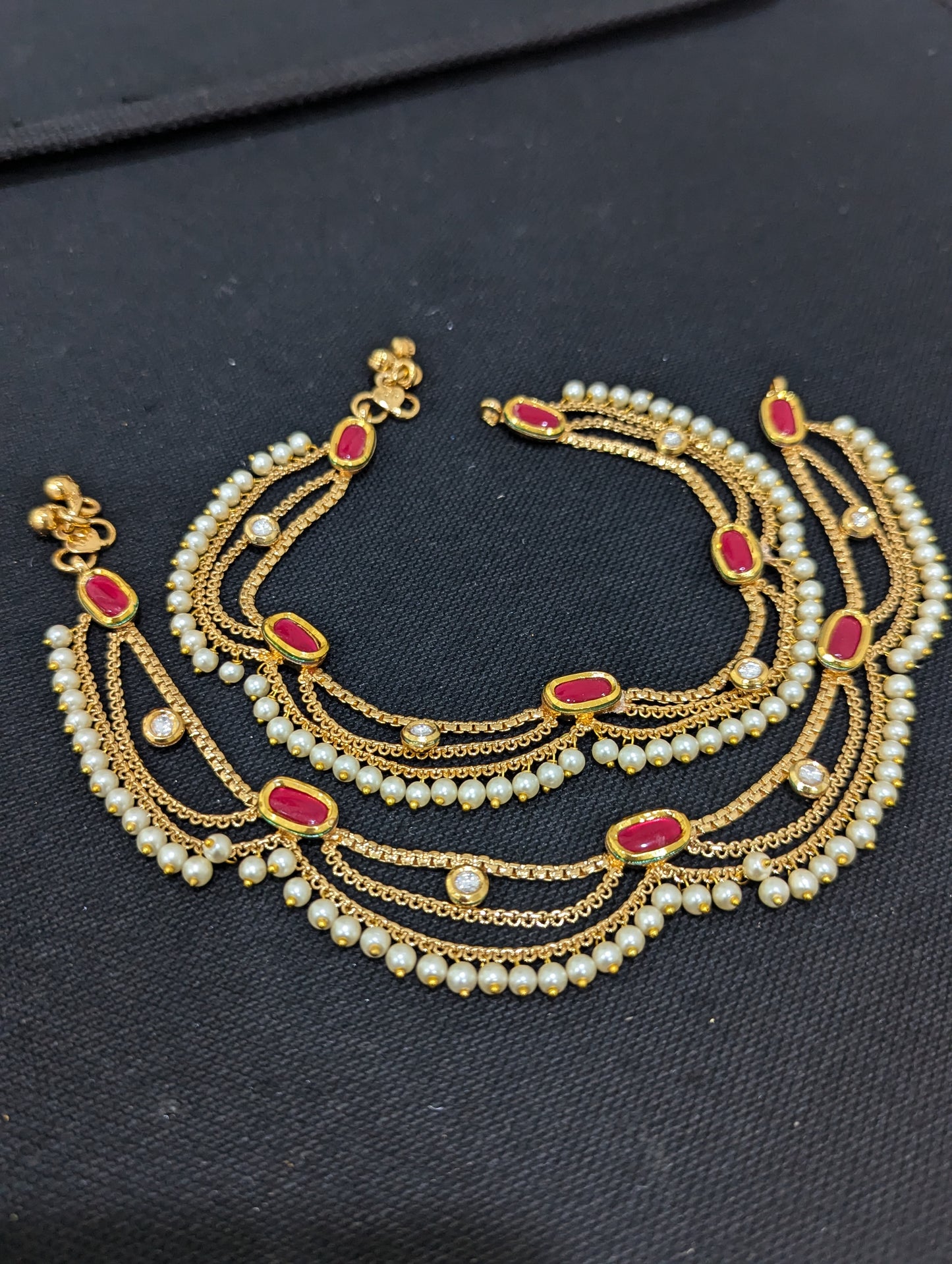Gold plated 3 layer Kundan Bridal Anklets