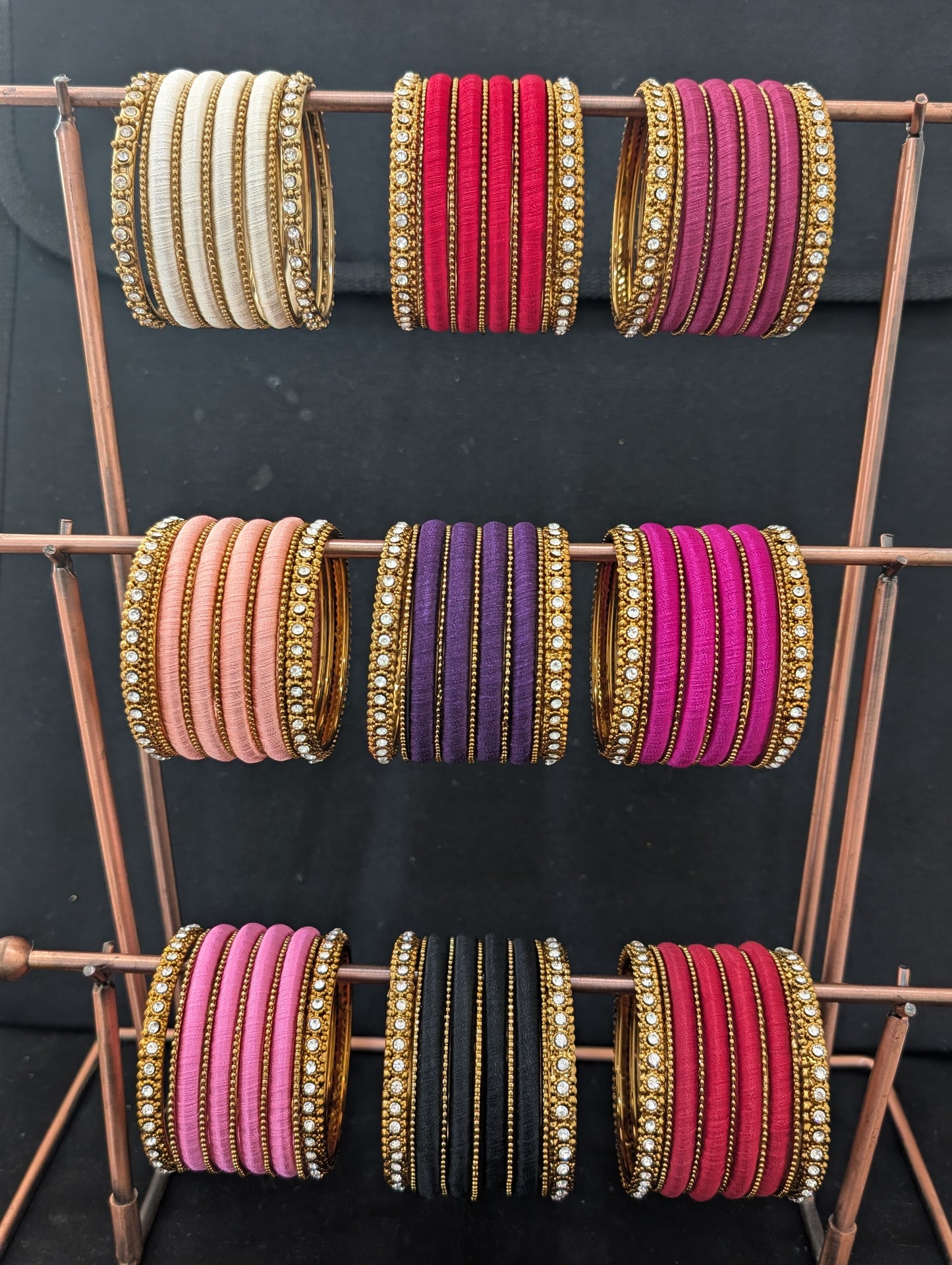 Silk Thread plain and Metal Bangles - Set of 11 bangles