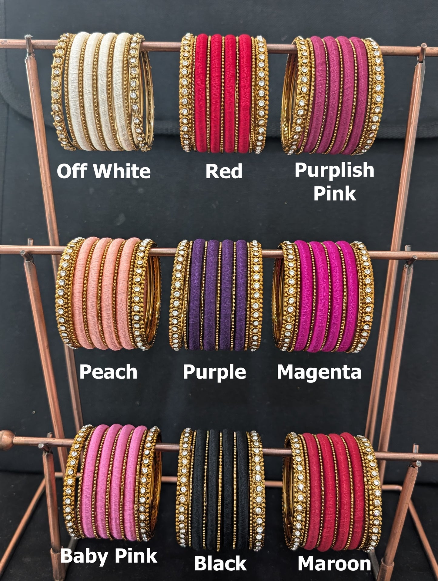 Silk Thread plain and Metal Bangles - Set of 11 bangles
