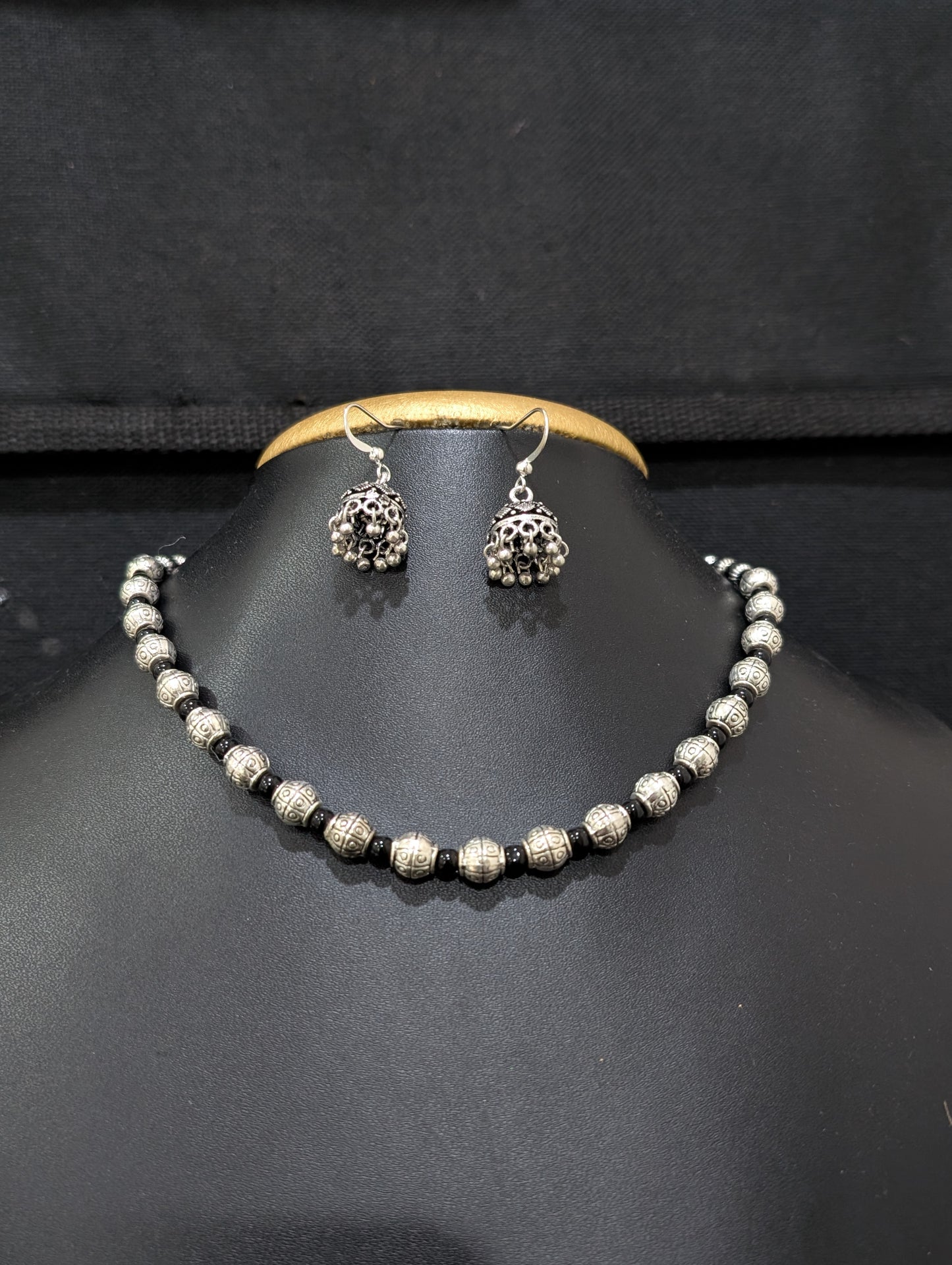 Oxidized Silver simple beaded necklace and Earrings set