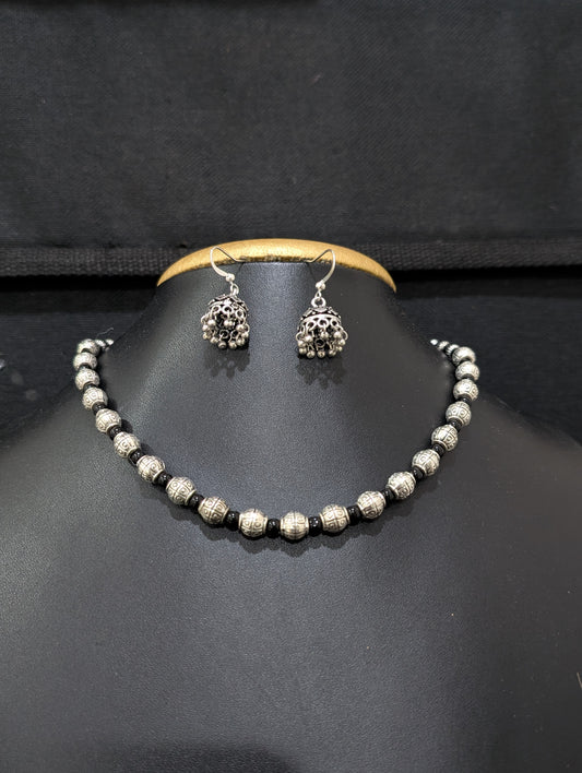 Oxidized Silver simple beaded necklace and Earrings set