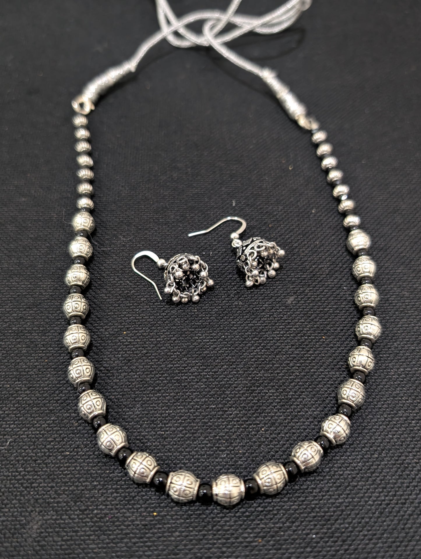 Oxidized Silver simple beaded necklace and Earrings set