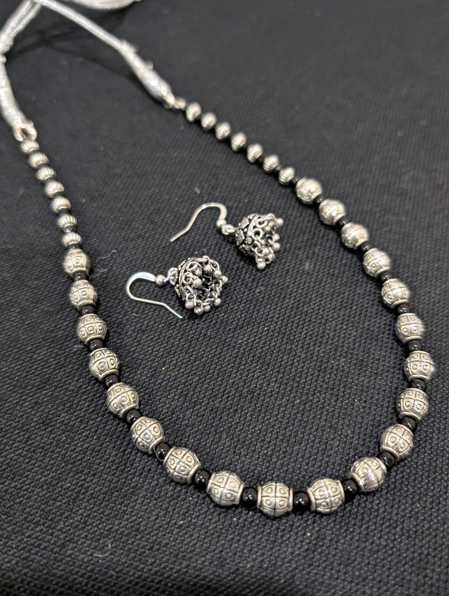 Oxidized Silver simple beaded necklace and Earrings set