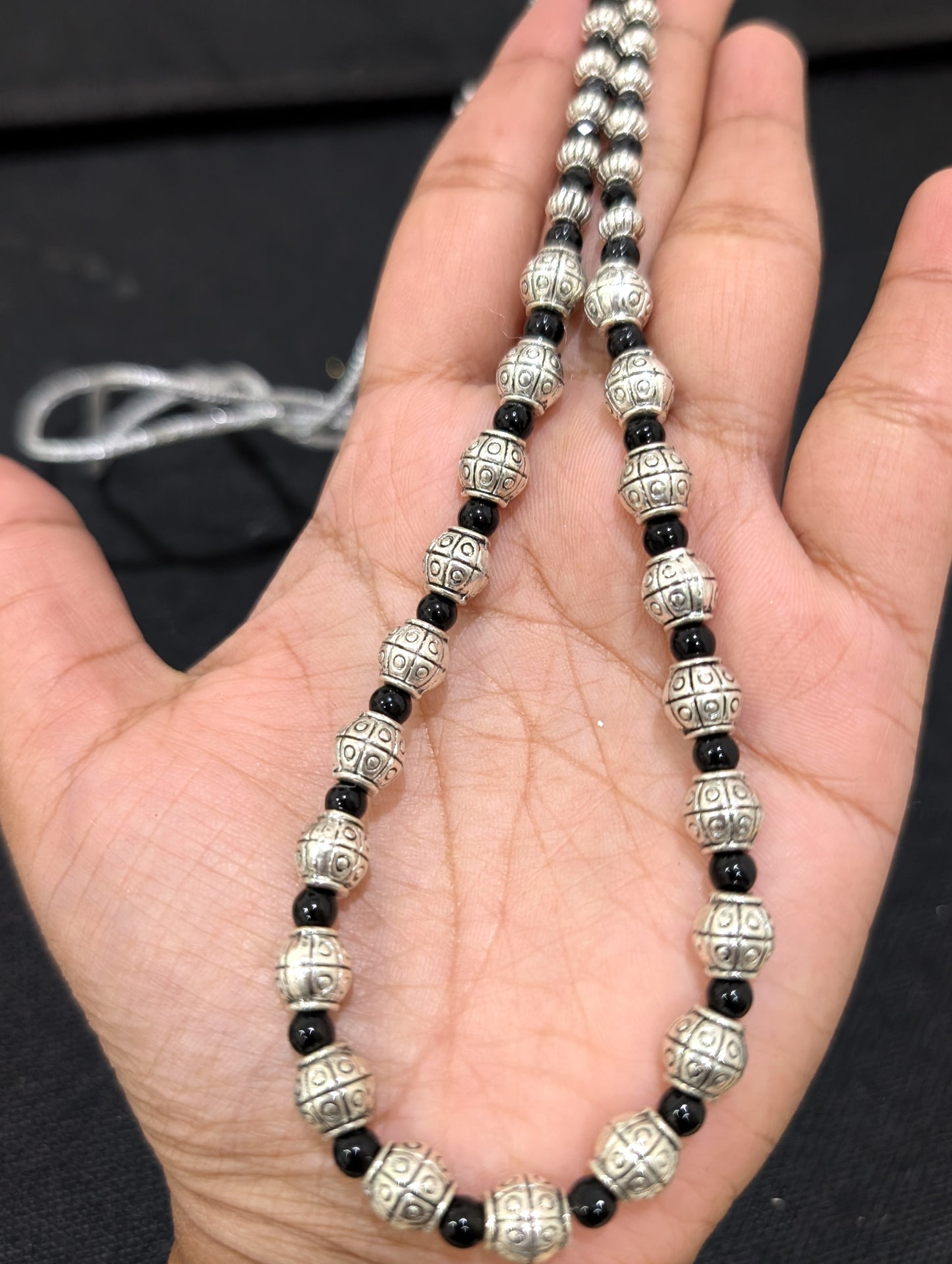 Oxidized Silver simple beaded necklace and Earrings set