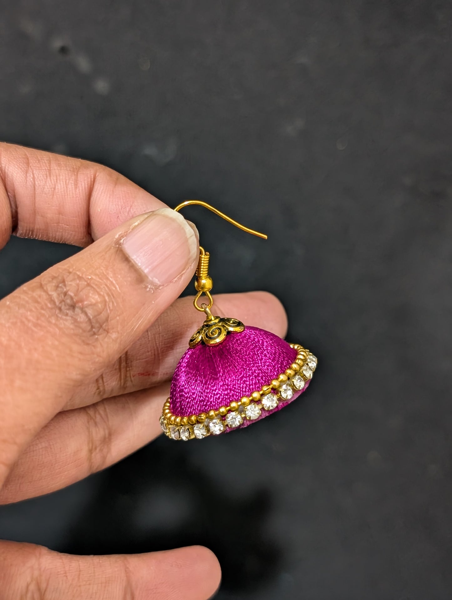 Silk Thread stone work hook Jhumka Earrings - Medium size