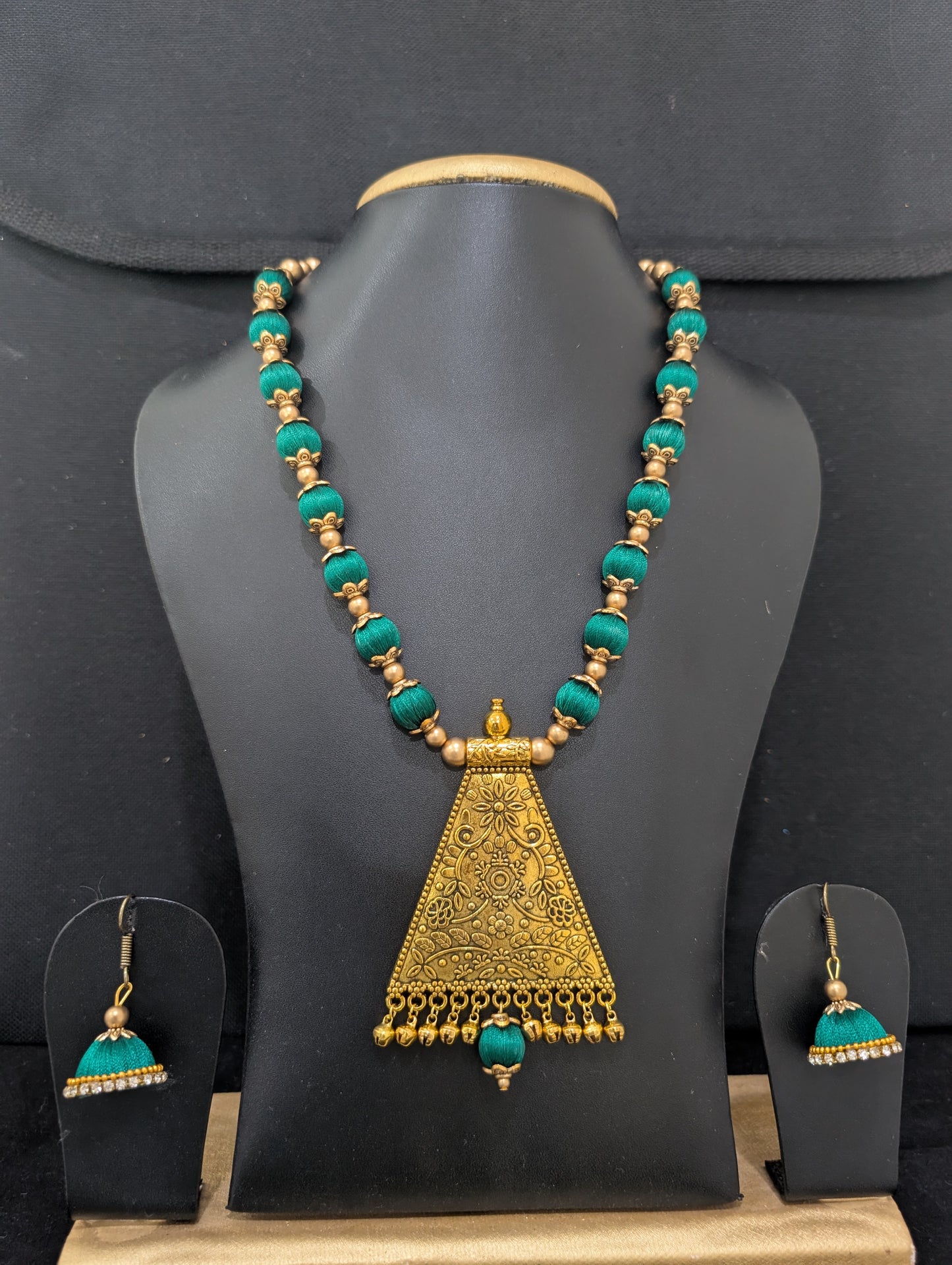 Silk Thread antique gold pendant chain Necklace and Earrings Set