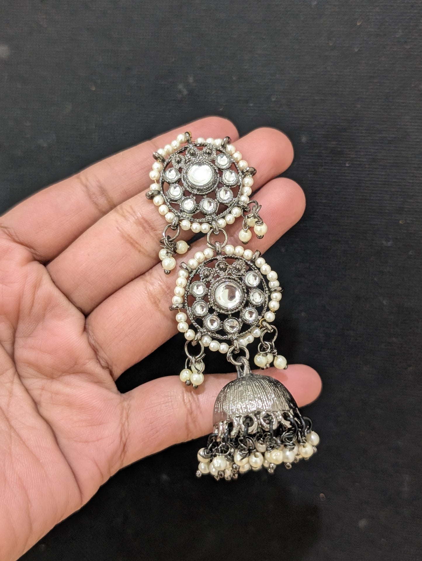 Black plated dual circle jhumka earrings
